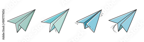 Four light blue paper airplanes in various stages of flight or design illustration