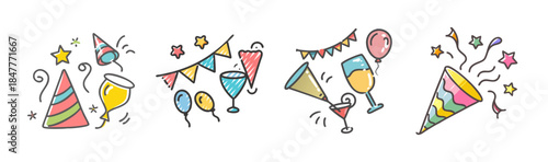 Whimsical hand-drawn party and celebration elements including hats, balloons, banners, and drinks