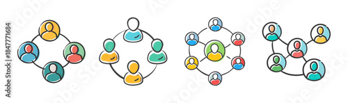 Diverse network diagrams illustrating team connection and social community structures
