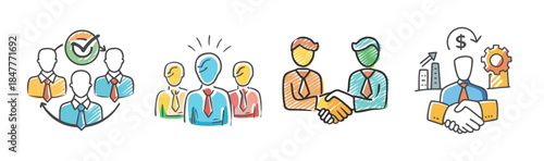 Business collaboration, teamwork, leadership, and successful partnership concepts in doodle style