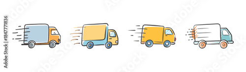 Fast delivery trucks doodle set illustration depicting quick shipping and logistics services
