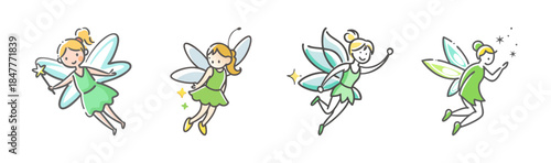 Whimsical illustration of cute flying fairies in green dresses with sparkling wings