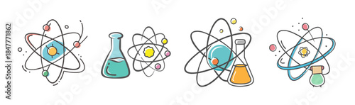 A captivating collection of scientific doodles featuring atomic structures and laboratory glassware