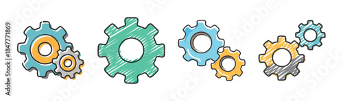Vibrant doodle gears illustration for system, mechanism, and process concepts