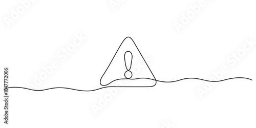 Continuous line drawing of a warning or danger sign. Standard exclamation mark inside a triangle, universally recognized as a warning, attention, or danger sign