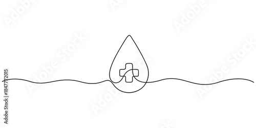 Minimalist, continuous line-drawing illustration of a blood drop with a cross symbol 