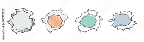 Colorful cartoon bullet holes and ripped paper textures for graphic design elements
