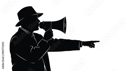 Man in suit and hat silhouette holding megaphone and pointing isolated on white background