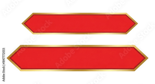 A pair of elegant red and gold elongated hexagonal banners with a luxurious border, ideal for design elements, isolated on transparent background