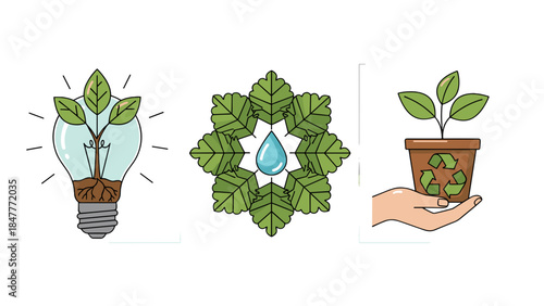 Eco-Friendly Concepts: Lightbulb with Plant, Leaf Mandala, and Hand Holding Pot with Recycle Symbol.