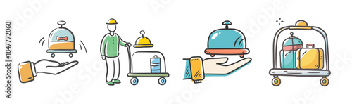 Hotel service concept with bellhop, room service, and luggage delivery icons