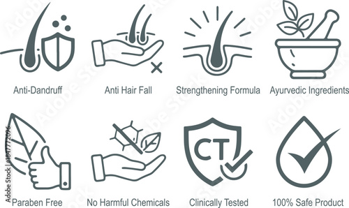Ayurvedic Hair Care Icons Set – Anti-Dandruff, Anti Hair Fall & Herbal Strengthening Formula