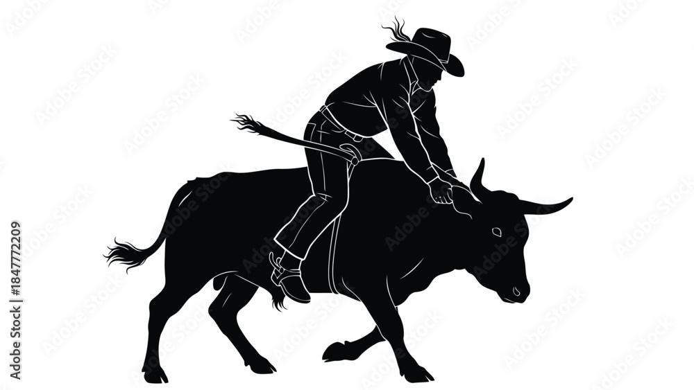 Fototapeta premium Man riding bull silhouette Vector illustration cowboy hat isolated on white background