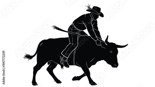 Man riding bull silhouette Vector illustration cowboy hat isolated on white background