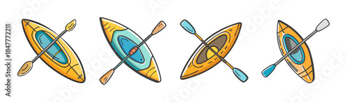 A vibrant collection of four cartoon kayaks and paddles, ideal for summer water sports