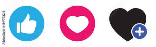 Social Media Reaction Icons. Thumbs Up, Love Heart, and Add to Favorites Symbols Vector Set.
