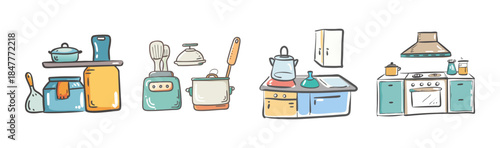 A charming collection of hand-drawn kitchen furniture and cooking utensils illustration