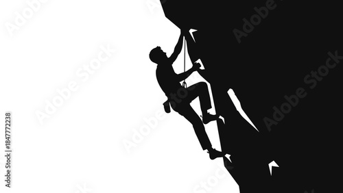 Silhouette of man rock climbing on a cliff face isolated on white background