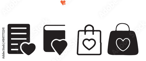 Wishlist and Favorites Icons. Shopping Bag, Book, and Document with Heart Vector Set.
