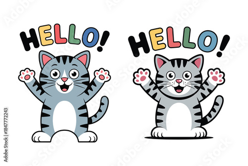 Cute cartoon cats waving hello on white background