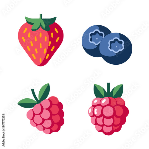 Collection of four colorful cartoon style berries including a strawberry two blueberries and two raspberries isolated on white background