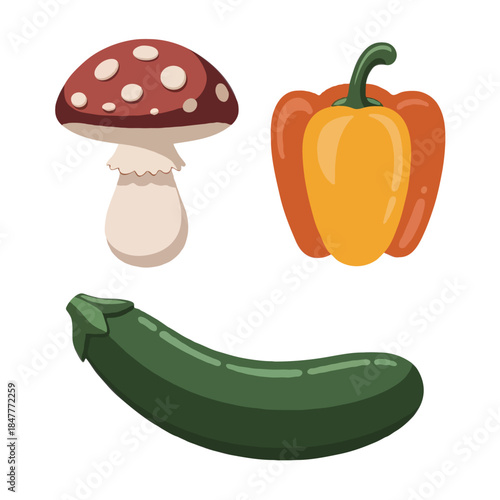 A cartoon illustration of a red and white spotted mushroom a yellow and orange bell pepper and a dark green zucchini isolated on white background