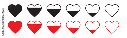 Heart Rating and Progress Bar Icons. Love Level, Health Status, and Loading Symbols Vector Set.
