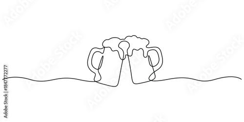 Continuous one-line drawing of two beer mugs, likely depicting a toast or cheers vector illustration
