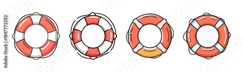 Illustrative set of essential water safety lifebuoys designed for various rescue scenarios