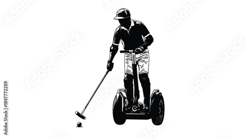 Silhouette of polo player on Segway hitting ball with mallet vector illustration isolated on white background
