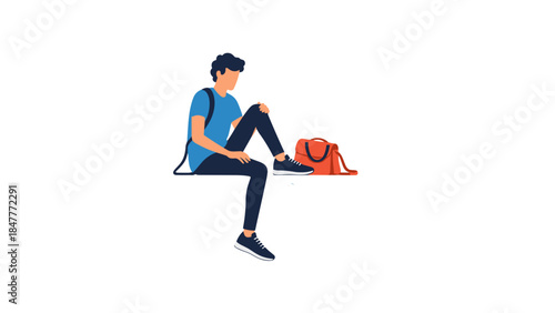 Young Man with Backpack Sitting: A Stylish Teenager Relaxing with Athletic Bag, Ideal for Travel, Education, and Youth Culture Themes.