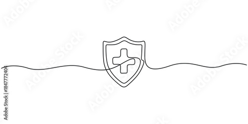 Minimalist continuous one-line drawing of a shield with a medical cross. Health and medical care concept vector illustration