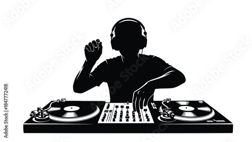 Black silhouette of DJ wearing headphones operating turntables vector illustration isolated on white background