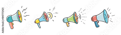 Collection of four colorful hand-drawn megaphone icons broadcasting important messages