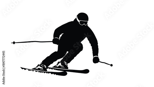 Black silhouette of a skier in motion on snow isolated on white background