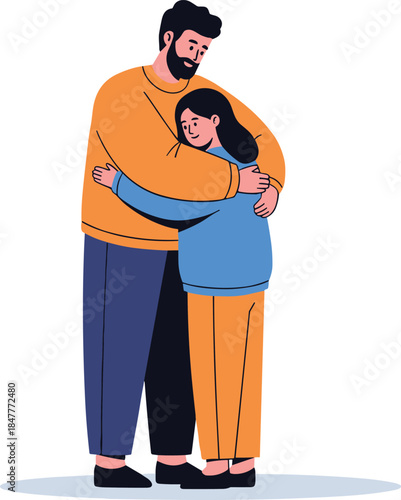 Affectionate hug illustration, stylized emotional embrace between two individuals in orange and blue outfits, love and comfort concept graphic