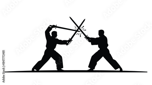 Two martial artists in silhouette fighting with swords in a vector illustration isolated on white background