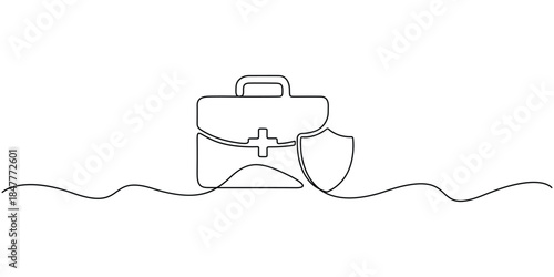 Continuous single-line drawing of a first-aid kit box. A shield is positioned next to the bag, likely symbolizing protection or safety