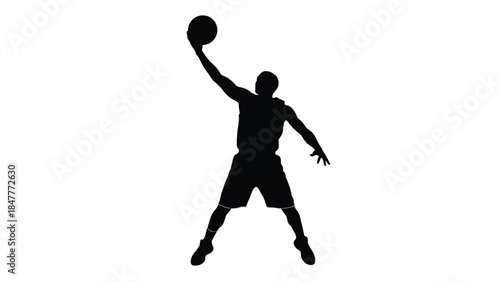 Silhouette of a basketball player jumping to throw a ball isolated on white background