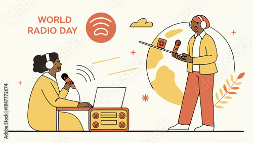 A cartoon vector illustration of a businessman person working on a laptop computer at a desk in an office cafe with a cup of coffee