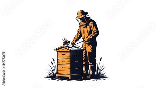 Beekeeper in protective suit inspecting wooden beehive Vector illustration isolated on white background
