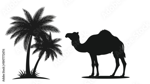 Black silhouette of camel standing next to palm trees isolated on white background
