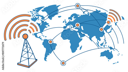 A blue 3d globe illustration featuring a global communication network design connects continents across a world map vector to represent modern internet technology and business travel concepts