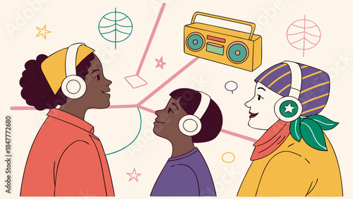 A graphical cartoon illustration of a woman in a colorful dress traveling from the city park to a business sign design concept featuring children and a family car