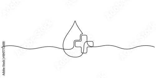 Continuous one line art drawing of a blood drop integrated with a medical cross symbol vector illustration