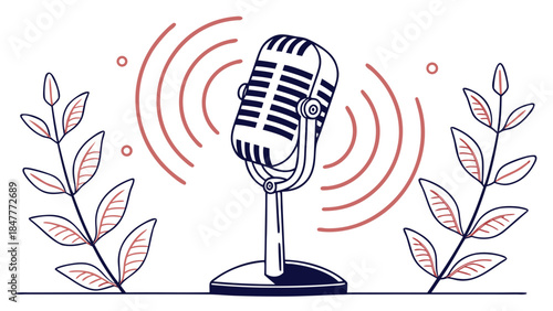 Vintage chrome retro microphone on a red background for studio broadcast and classic radio audio equipment