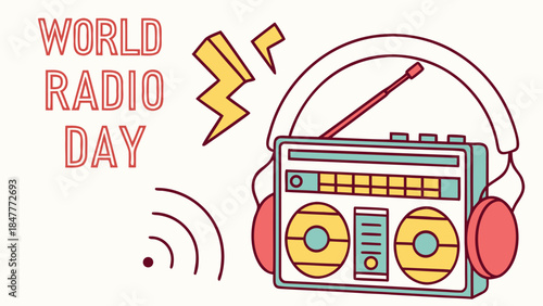 Vintage vector illustration of a retro radio cassette music player icon with a cartoon style audio sign design for a clip art sound object