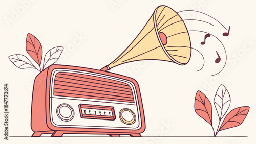 Vintage retro radio vector illustration and transportation icon design featuring a classic car and delivery truck vehicle symbol in a cartoon art style for old travel signs