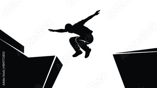 Silhouette of skateboarder jumping over gap between two ramps in vector illustration isolated on white background
