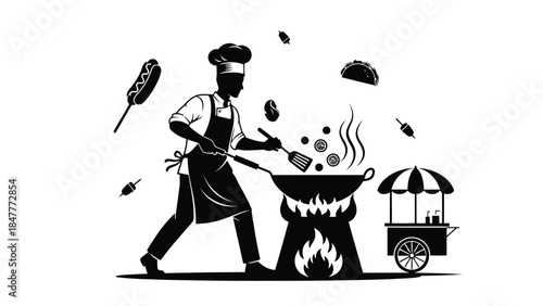 Silhouette of chef cooking on grill with food cart isolated on white background